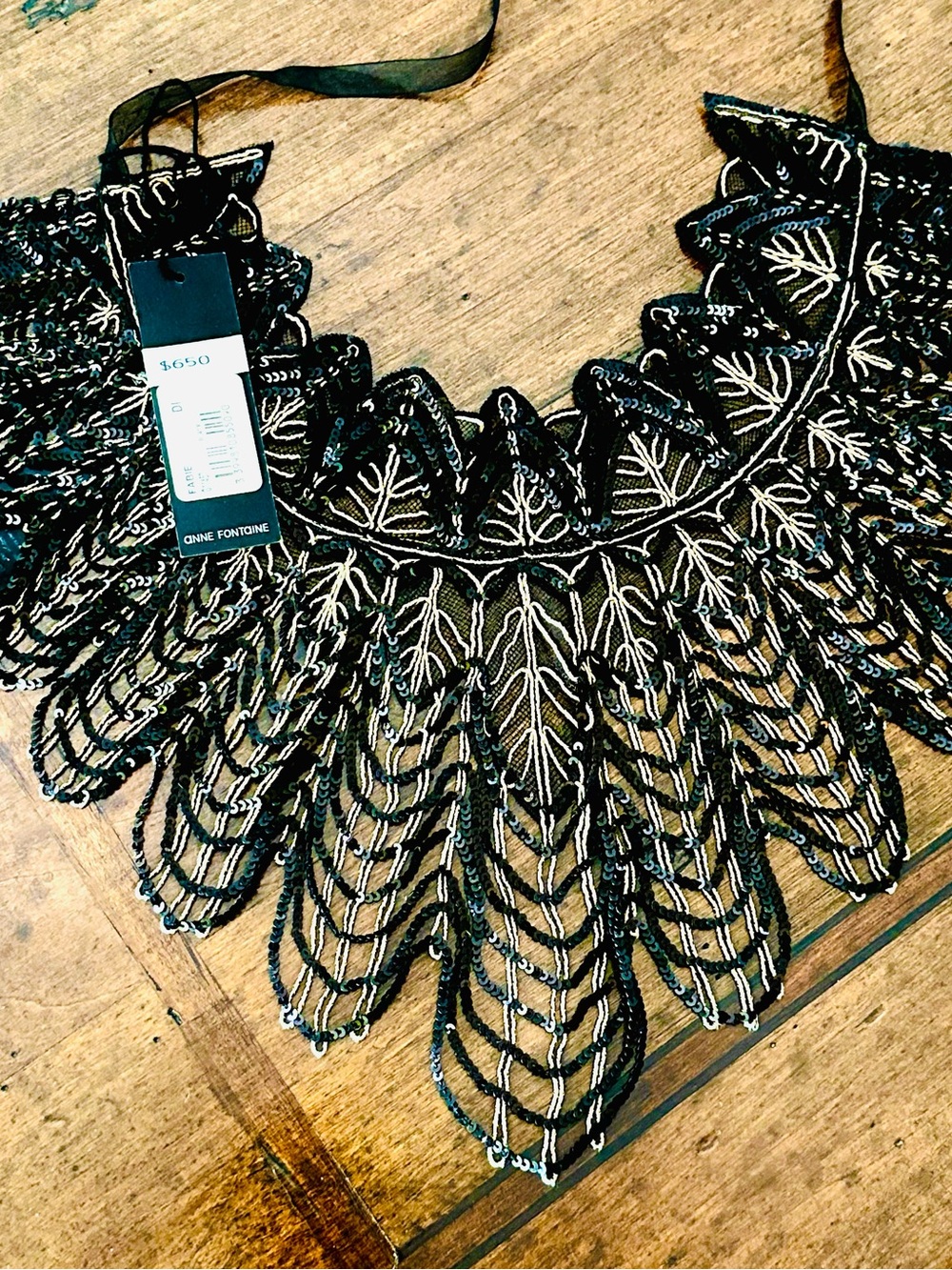 Anne Fontaine Black and Silver Beaded Lace Neck Collar